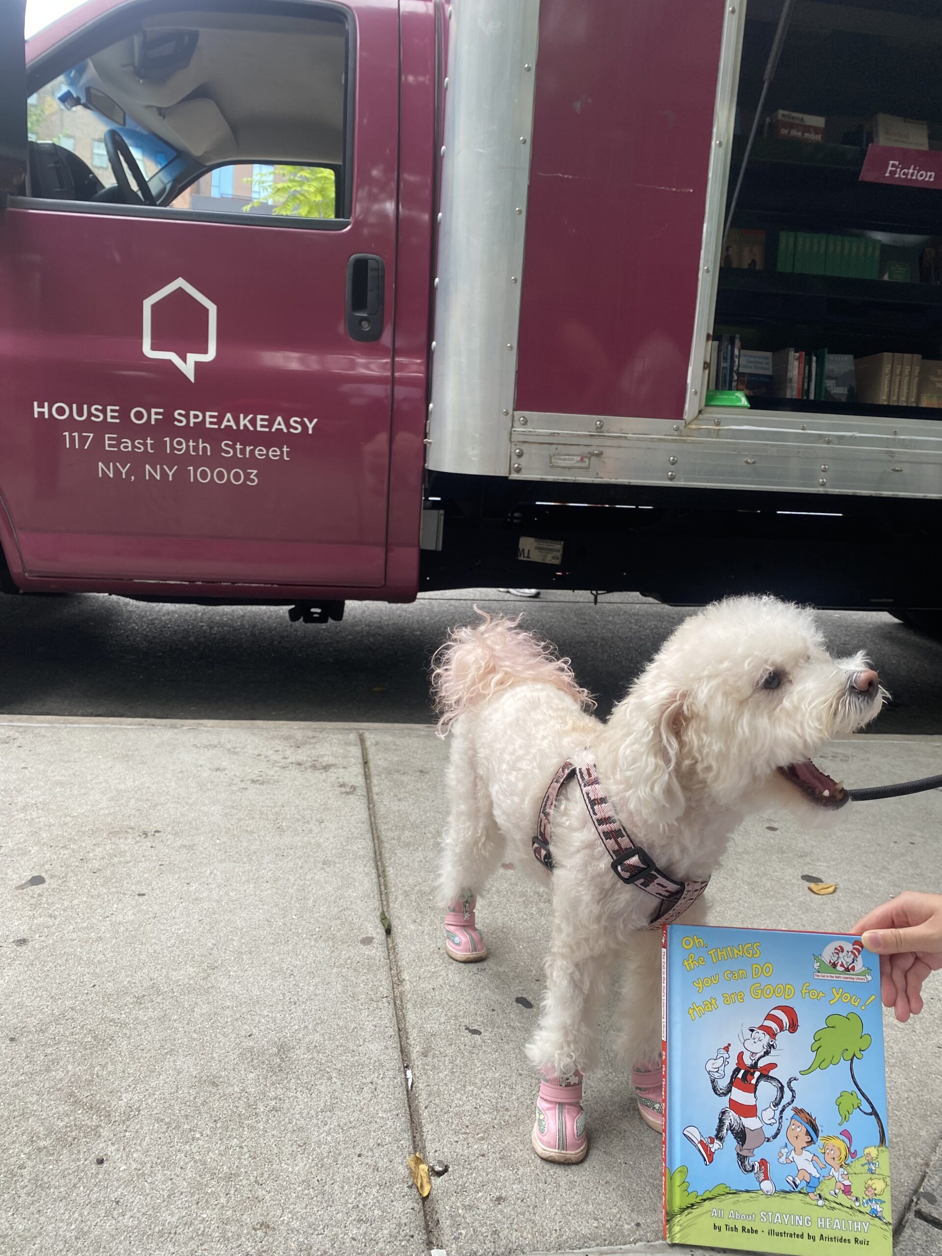 A crowd of young children gathers around House of SpeakEasy's Bookmobile